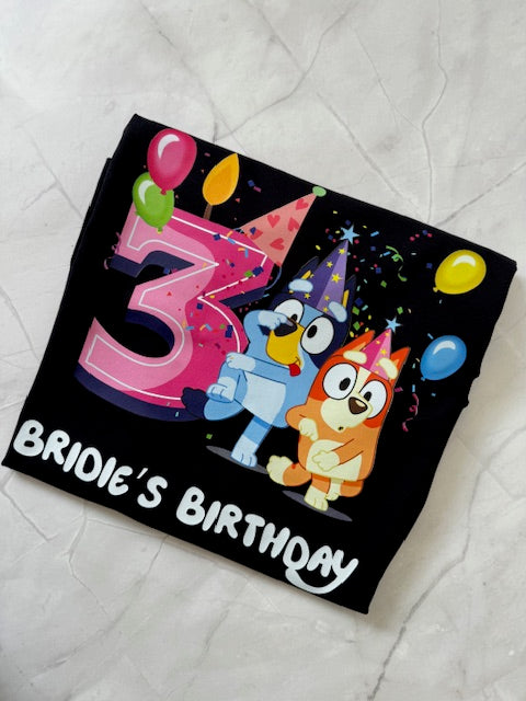 Bluey & Bingo Double the Fun kids birthday tee for party celebrations