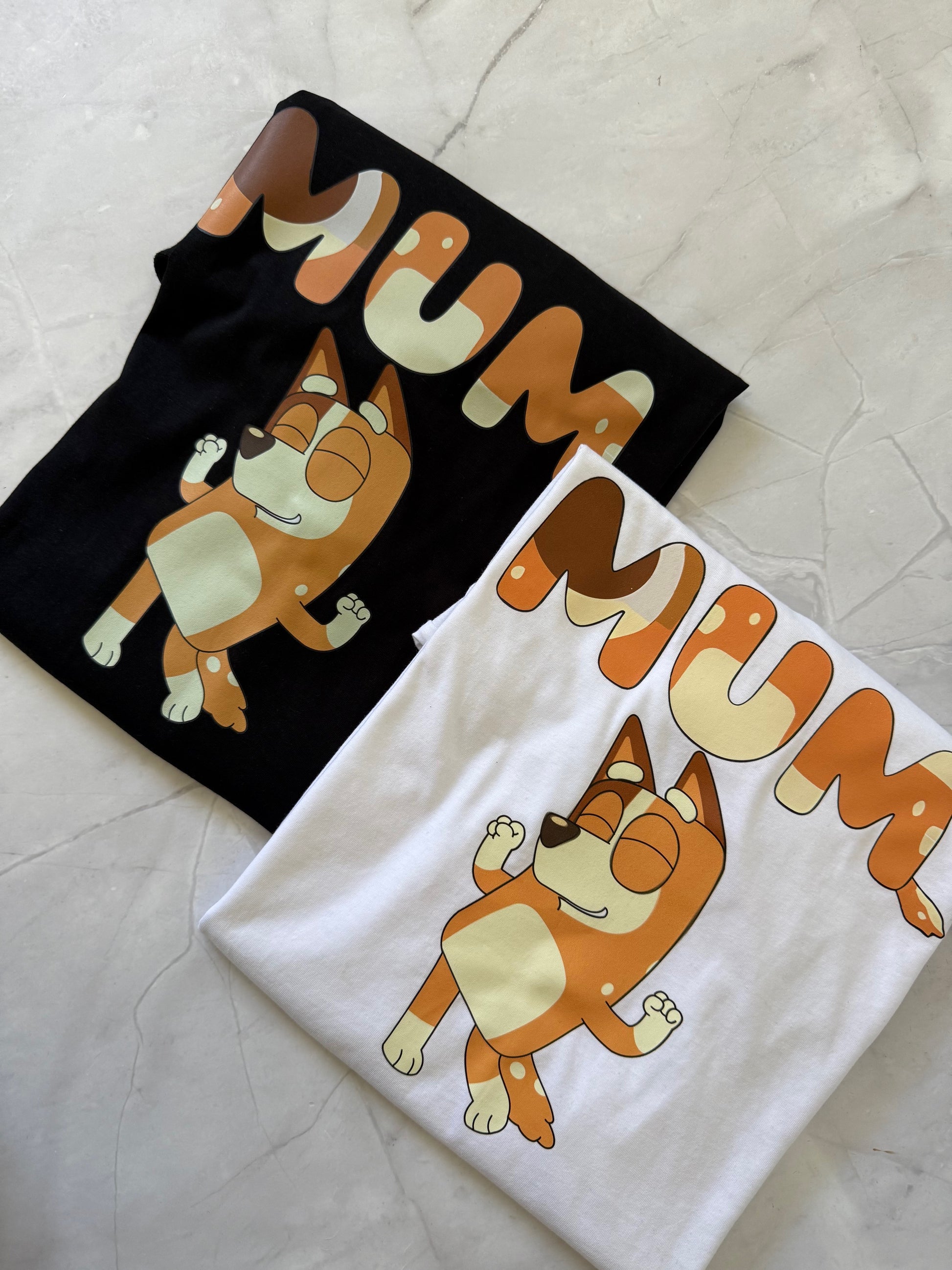 Matching mum and dad t-shirts inspired by Bandit and Chilli from Bluey