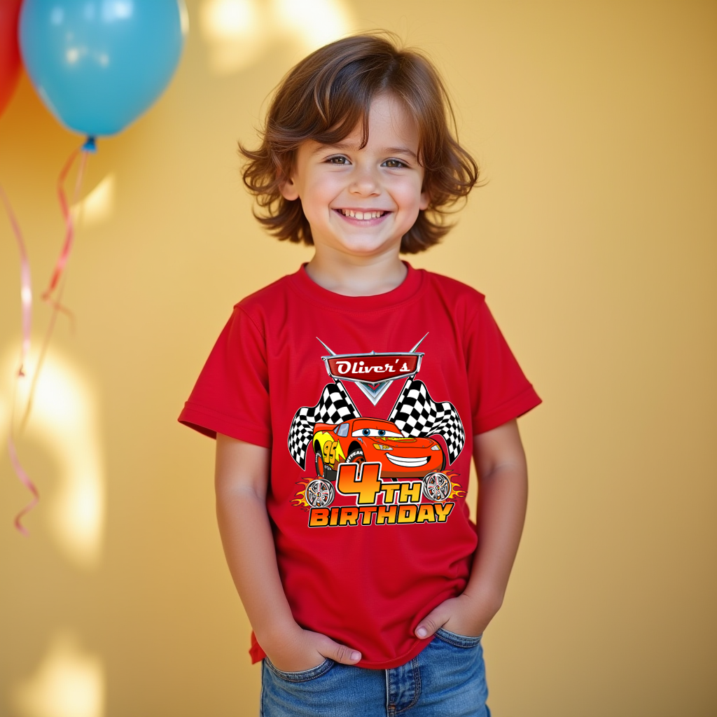 Child wearing a red birthday t-shirt with a car design, standing against a yellow background with balloons.
