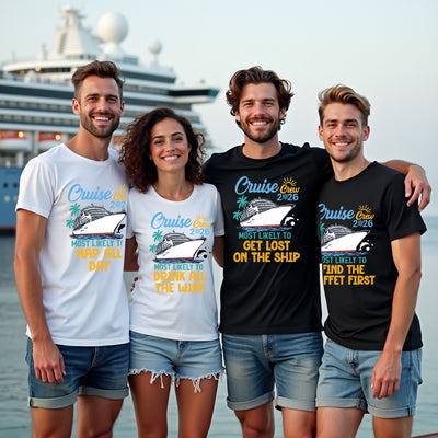 Four friends wearing matching cruise-themed t-shirts in front of a cruise ship.