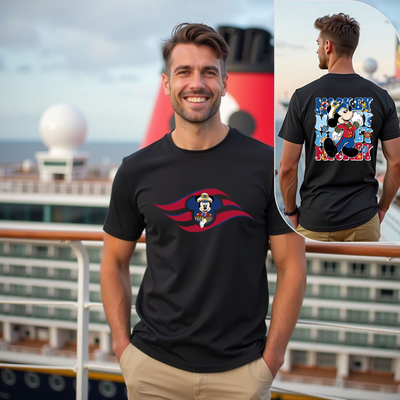 Man wearing a black t-shirt with a colorful graphic design on a cruise ship deck.