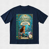 A navy blue short-sleeve t-shirt with a large graphic print on the front depicting a book cover titled 'The Secret Mermaid Lagoon Starring Sophia' with an illustration of a mermaid in an underwater scene.