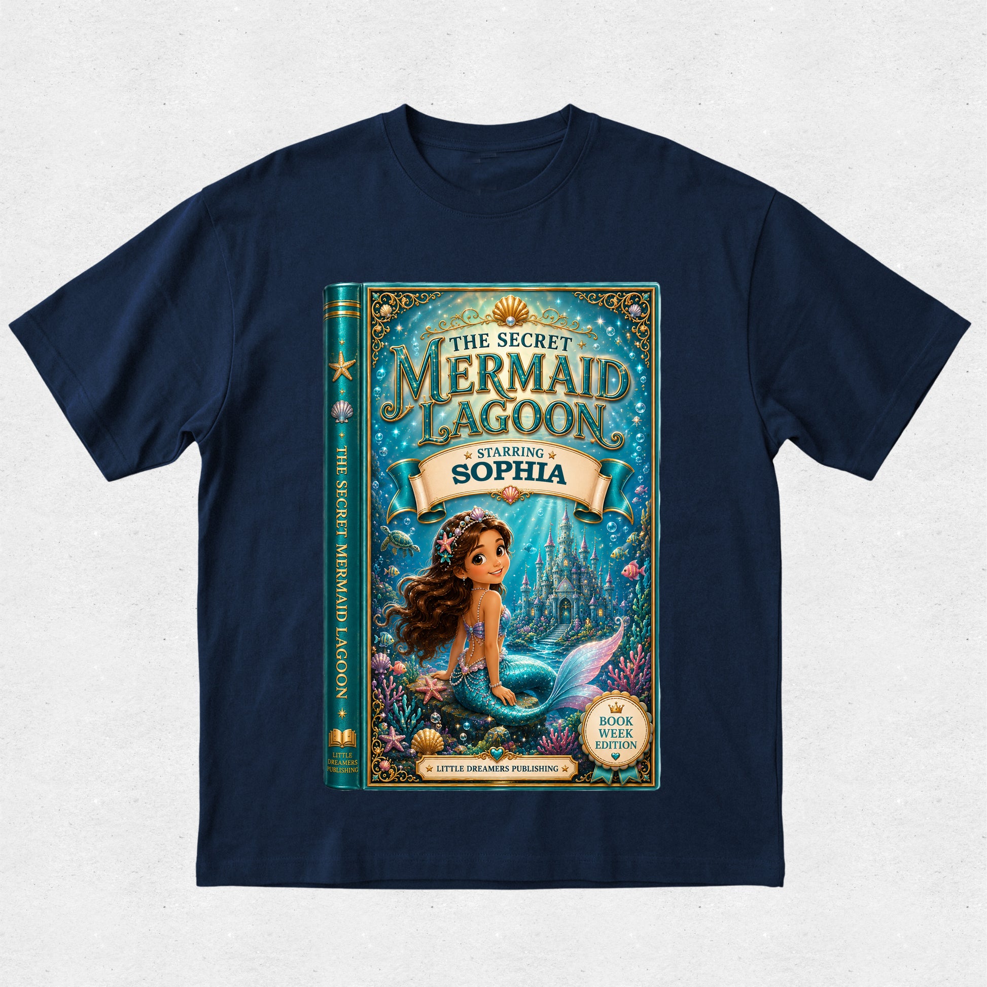 A navy blue short-sleeve t-shirt with a large graphic print on the front depicting a book cover titled 'The Secret Mermaid Lagoon Starring Sophia' with an illustration of a mermaid in an underwater scene.