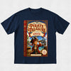 A navy blue short-sleeve t-shirt with a large graphic print of a children's book titled 'The Hidden Pirate Treasure Starring Angus'. The graphic shows a young boy in pirate clothing on the front cover, and the book spine is visible on the left side of the print.