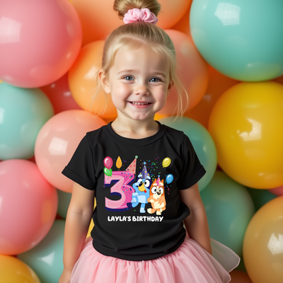 Double the Fun Bluey & Bingo inspired kids birthday t-shirt personalized with name and age
