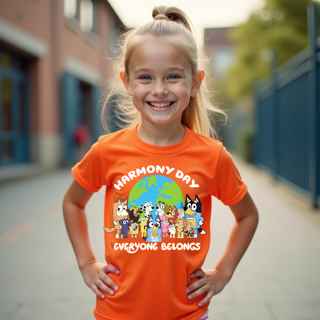 Young girl wearing an orange 'Harmony Day Everyone Belongs bluey' t-shirt outdoors.
