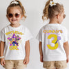 Child wearing a white t-shirt with a birthday design, showing front and back views.