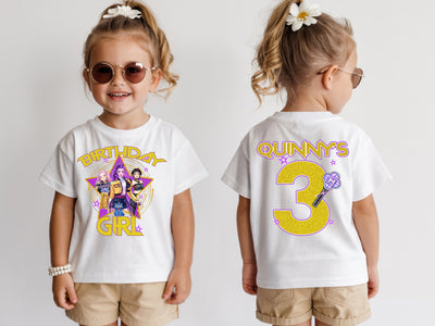 Child wearing a white t-shirt with a birthday design, showing front and back views.