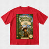 A red short-sleeve crewneck t-shirt featuring a large graphic print of a children's book titled 'The Dinosaur Discovery: Starring Lexi' on the front, displayed flat against a light gray textured background.