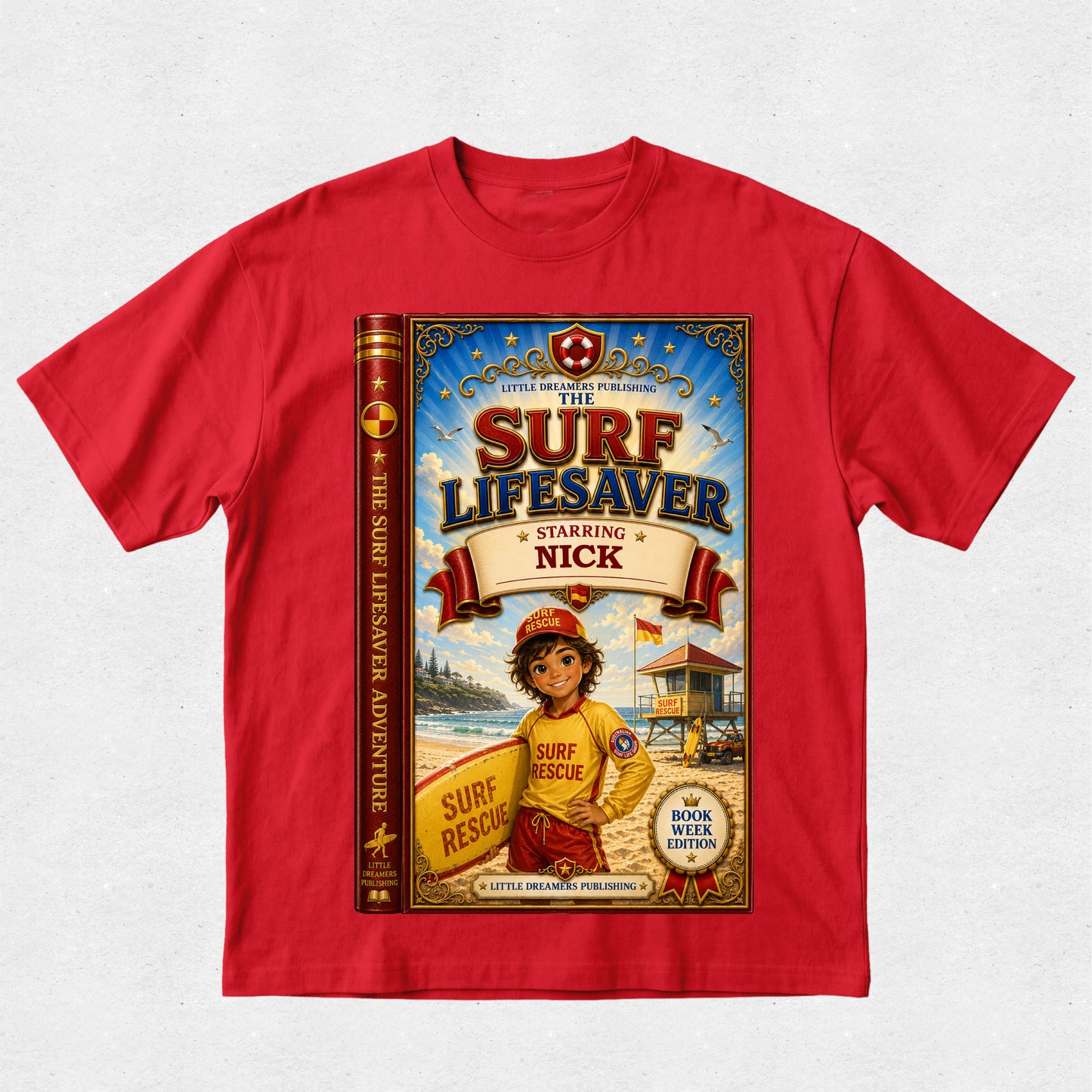A red short-sleeve crewneck t-shirt featuring a large graphic print of a book cover titled 'The Surf Lifesaver Starring Nick' on the front, displayed against a light gray textured background.