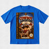 A bright blue short-sleeve crewneck t-shirt featuring a large graphic print of a book cover titled 'The Cowboy Adventure' on the front, displayed flat against a light gray textured background.