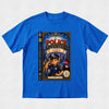 A royal blue short-sleeve t-shirt with a large graphic print of a children's book titled 'The Police Adventure: Charlie' on the front, displayed flat against a light gray textured background.