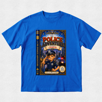 A royal blue short-sleeve t-shirt with a large graphic print of a children's book titled 'The Police Adventure: Charlie' on the front, displayed flat against a light gray textured background.