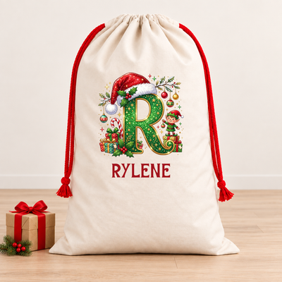 Personalised Christmas Initial Santa Sack – Green Elf & Presents