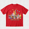 Red t-shirt with colorful Disney characters and 'Disneyland 2026' text on a white background