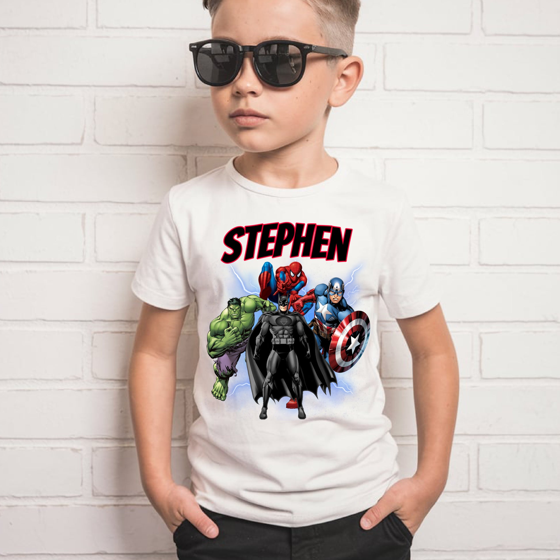 Custom superhero birthday t-shirt for kids with personalised name and age