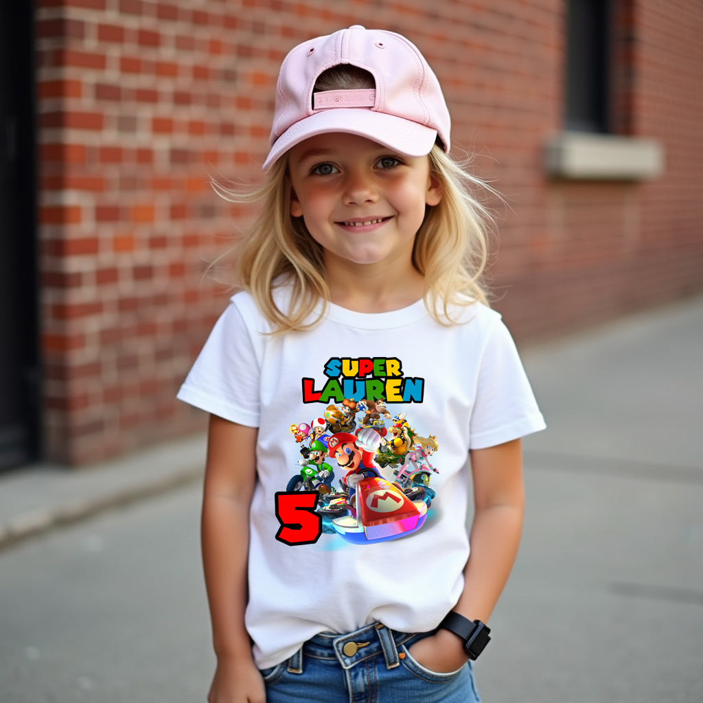 Front view of Mario Kart Racer Crew T-shirt with Super Mario characters in karts design