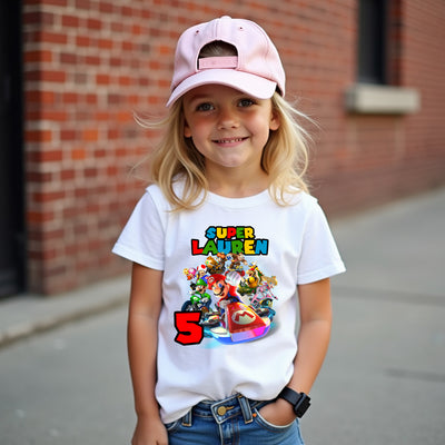 Front view of Mario Kart Racer Crew T-shirt with Super Mario characters in karts design