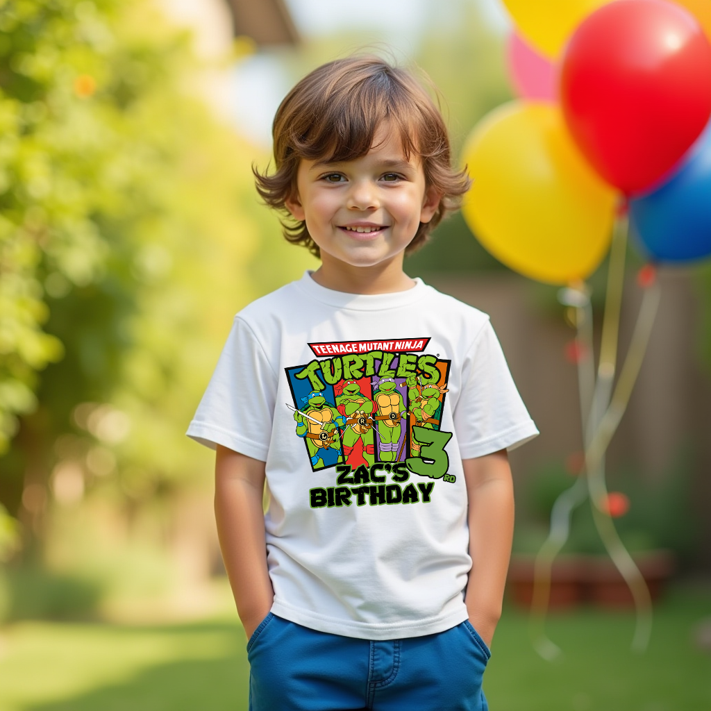 Child wearing a Teenage Mutant Ninja Turtles birthday t-shirt with balloons in the background.
