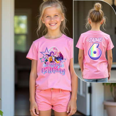 Young girl wearing a pink birthday-themed kpop  t-shirt with front and back views.