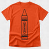 An orange short-sleeve crewneck t-shirt featuring a black line art graphic of a crayon with the word 'ORANGE' printed vertically on the front, set against a light gray textured background.