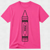 A bright pink short-sleeve crewneck t-shirt featuring a black line art graphic of a crayon with the word 'PINK' printed inside, displayed on a light gray textured background.