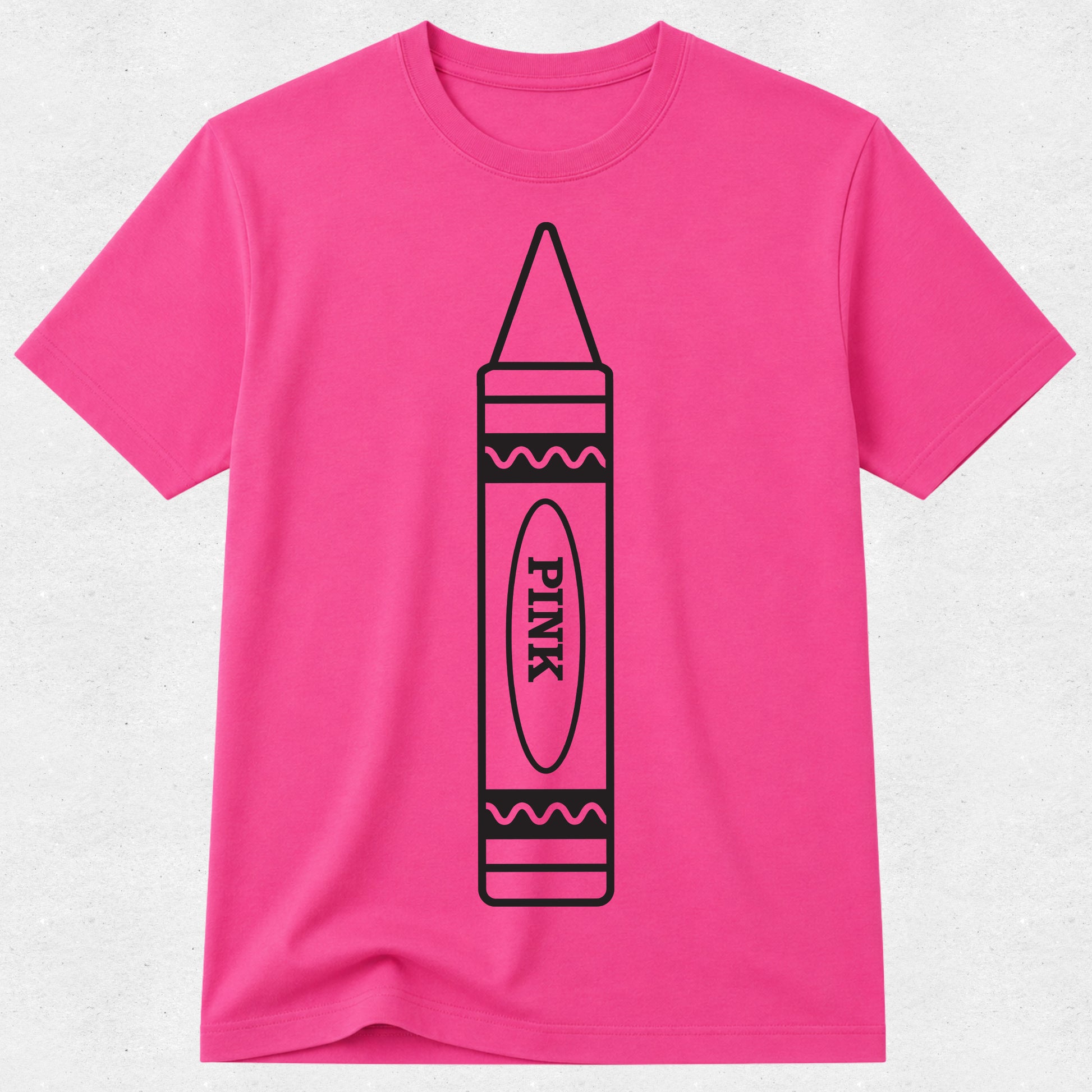 A bright pink short-sleeve crewneck t-shirt featuring a black line art graphic of a crayon with the word 'PINK' printed inside, displayed on a light gray textured background.
