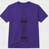 A purple short-sleeve crewneck t-shirt featuring a black line art graphic of a crayon with the word 'PURPLE' printed inside, displayed against a light gray textured background.