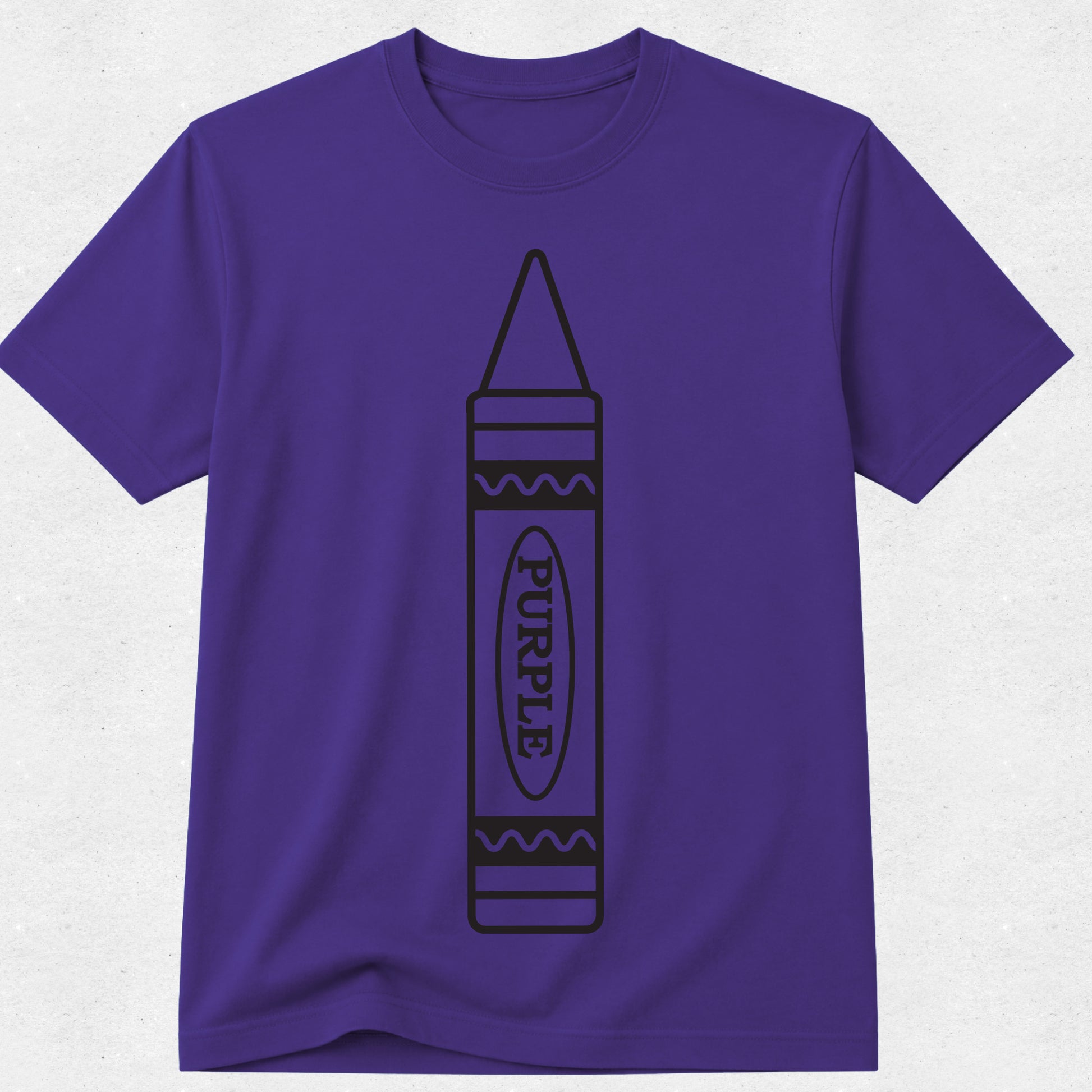 A purple short-sleeve crewneck t-shirt featuring a black line art graphic of a crayon with the word 'PURPLE' printed inside, displayed against a light gray textured background.