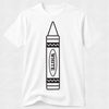 A white short-sleeve crewneck t-shirt featuring a black line art graphic of a crayon with the word 'WHITE' printed inside.