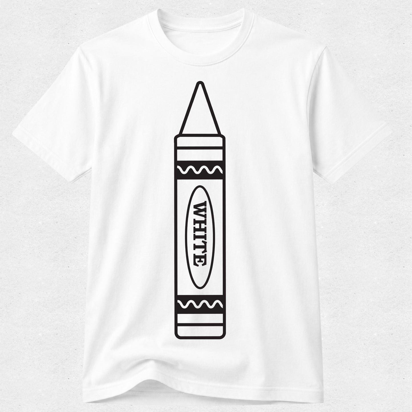 A white short-sleeve crewneck t-shirt featuring a black line art graphic of a crayon with the word 'WHITE' printed inside.