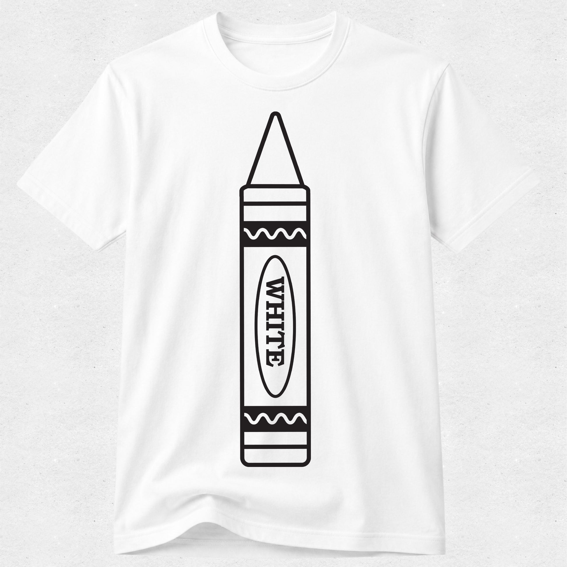 A white short-sleeve crewneck t-shirt featuring a black line art graphic of a crayon with the word 'WHITE' printed inside.