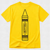 A bright yellow short-sleeve crewneck t-shirt featuring a large black line-art graphic of a crayon with the word 'YELLOW' printed vertically on the front, set against a light gray textured background.