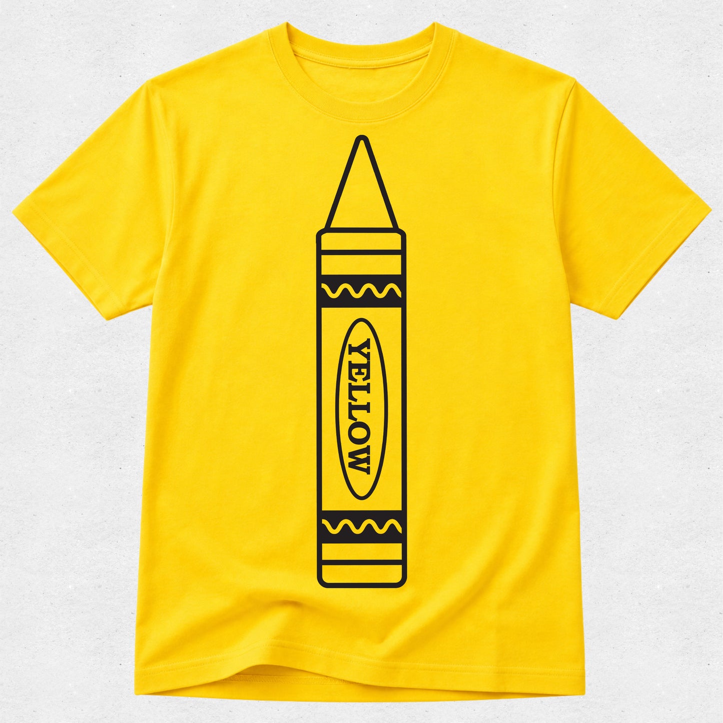 A bright yellow short-sleeve crewneck t-shirt featuring a large black line-art graphic of a crayon with the word 'YELLOW' printed vertically on the front, set against a light gray textured background.