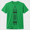 A bright green short-sleeve crewneck t-shirt featuring a black line art graphic of a crayon with the word 'CRAYON' printed vertically inside it, displayed on a light gray textured background.