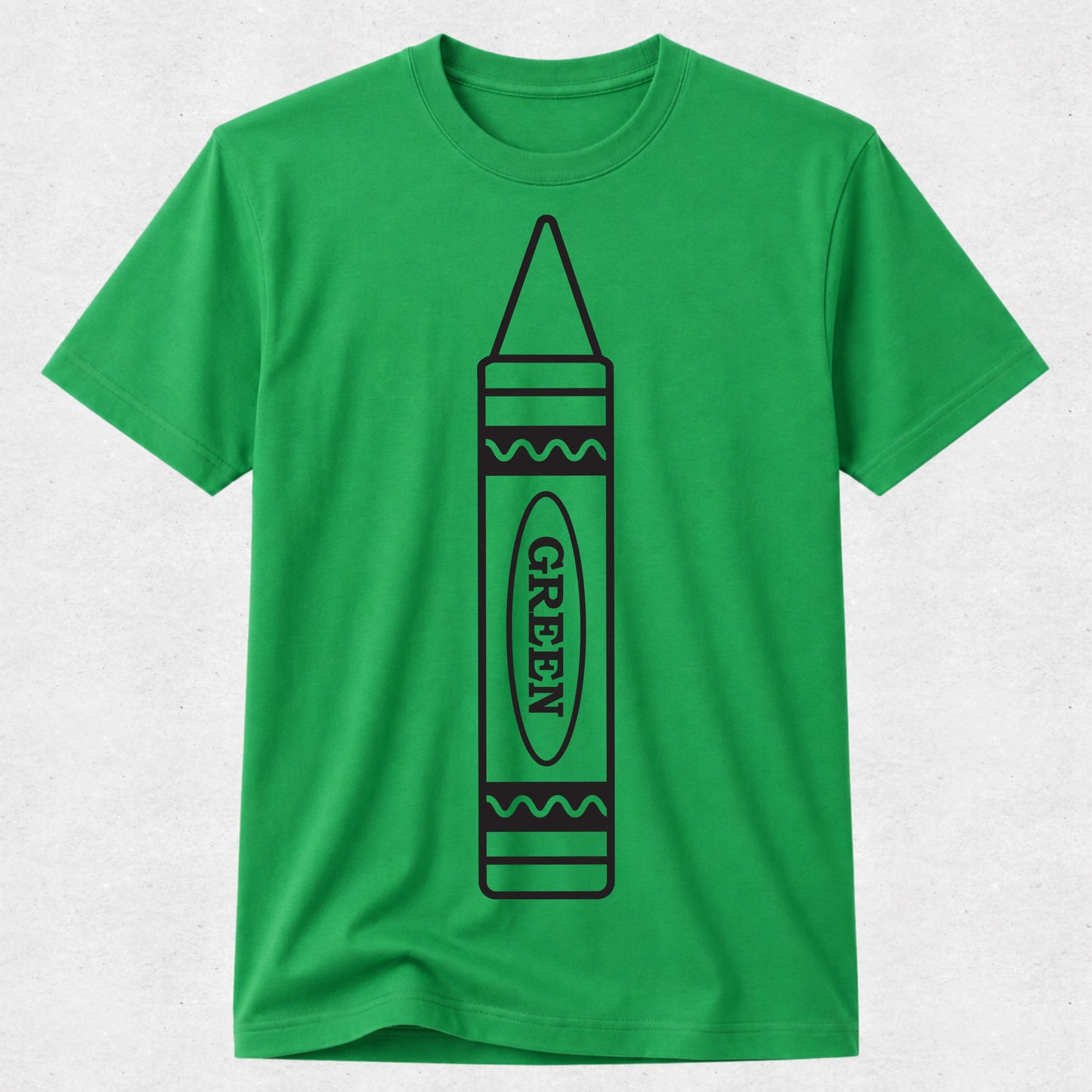 A bright green short-sleeve crewneck t-shirt featuring a black line art graphic of a crayon with the word 'CRAYON' printed vertically inside it, displayed on a light gray textured background.