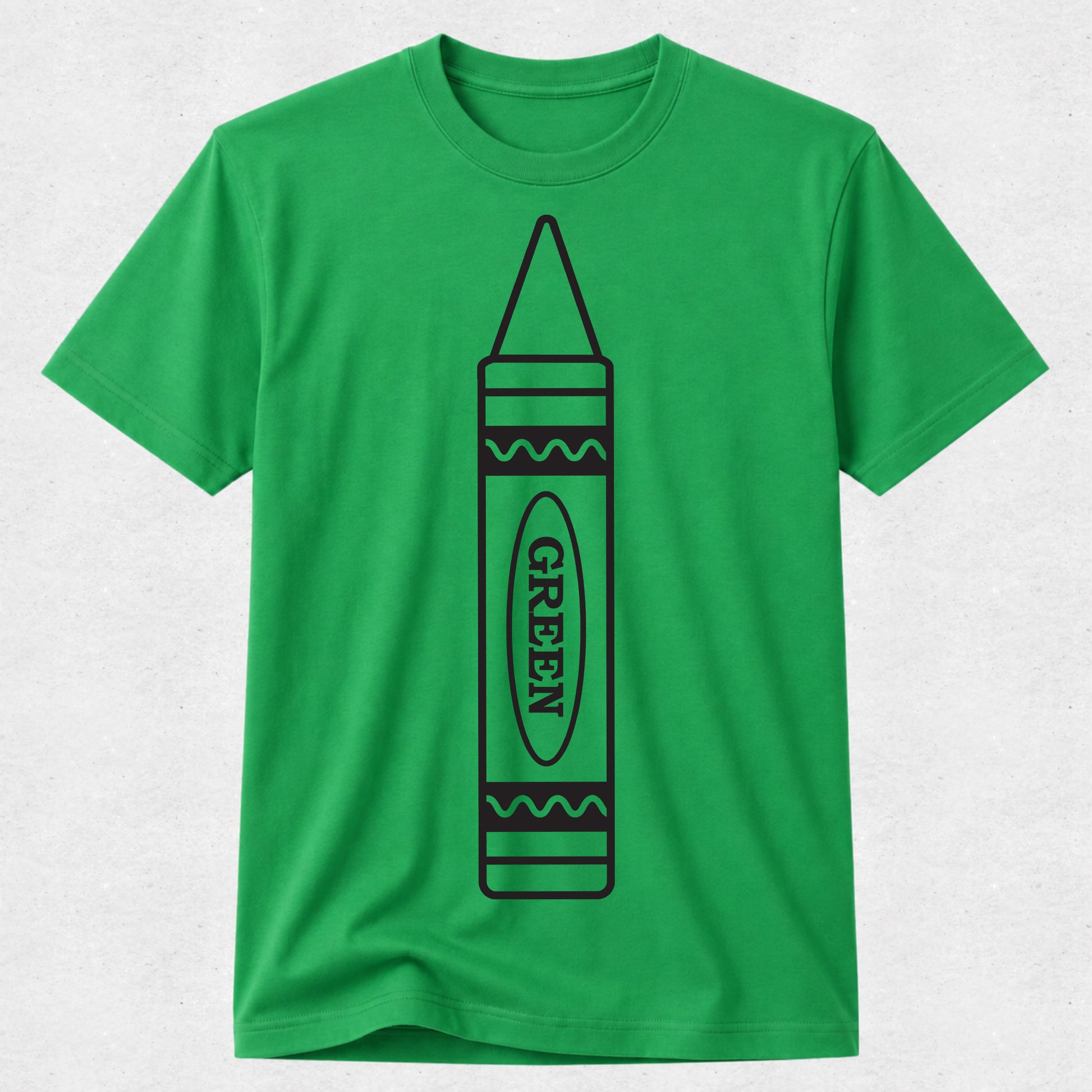 A bright green short-sleeve crewneck t-shirt featuring a black line art graphic of a crayon with the word 'CRAYON' printed vertically inside it, displayed on a light gray textured background.