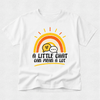 A white short-sleeve crewneck t-shirt with a colorful graphic on the front. The graphic features a yellow and orange rainbow, two speech bubbles (one yellow with a heart, one white), and the text 'A LITTLE CHAT CAN MEAN A LOT' in black.