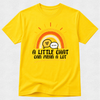 A bright yellow short-sleeve t-shirt with a retro-style rainbow graphic and the text 'A LITTLE CHAT CAN MEAN A LOT' printed on the front, displayed against a light gray textured background.