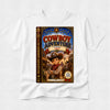 A white kids' short-sleeve t-shirt featuring a large, colorful graphic print of a book cover titled 'The Cowboy Adventure' on the front, displayed against a light gray textured background.