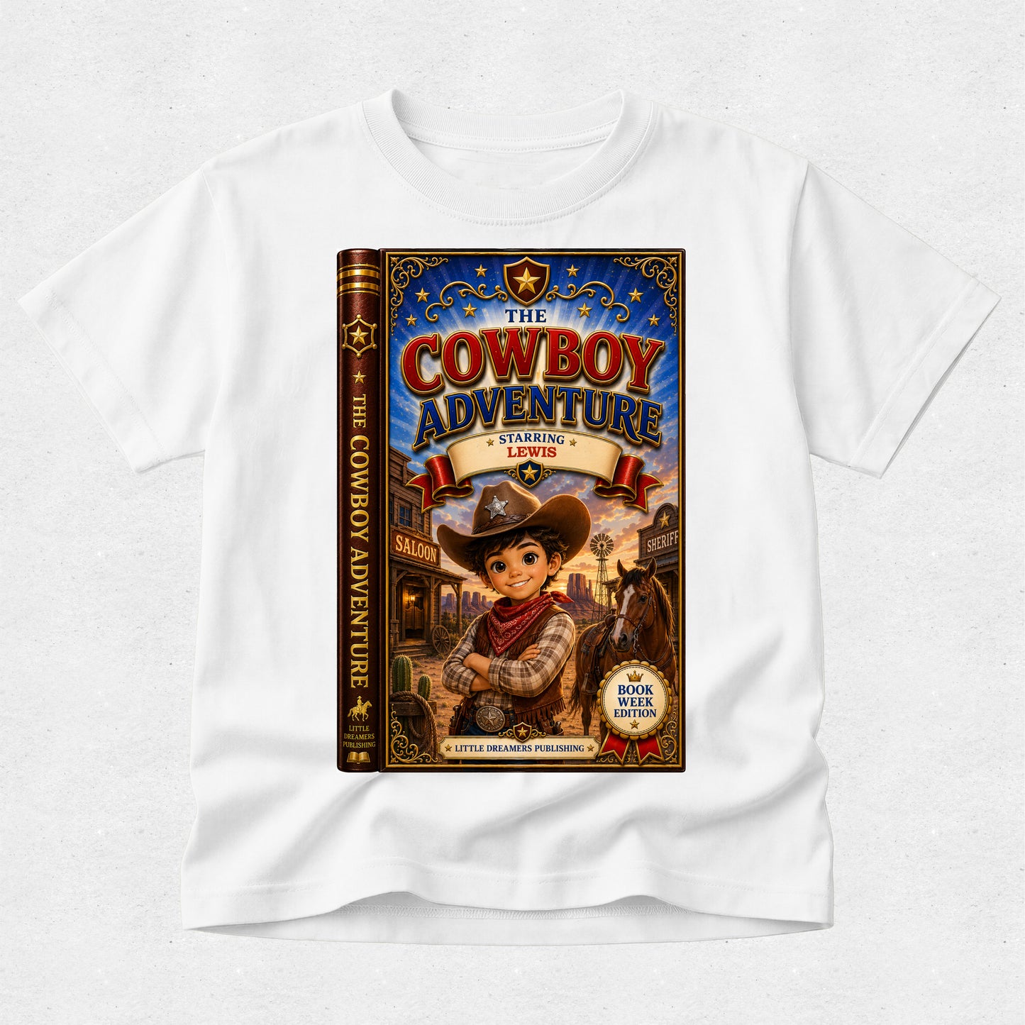 A white kids' short-sleeve t-shirt featuring a large, colorful graphic print of a book cover titled 'The Cowboy Adventure' on the front, displayed against a light gray textured background.