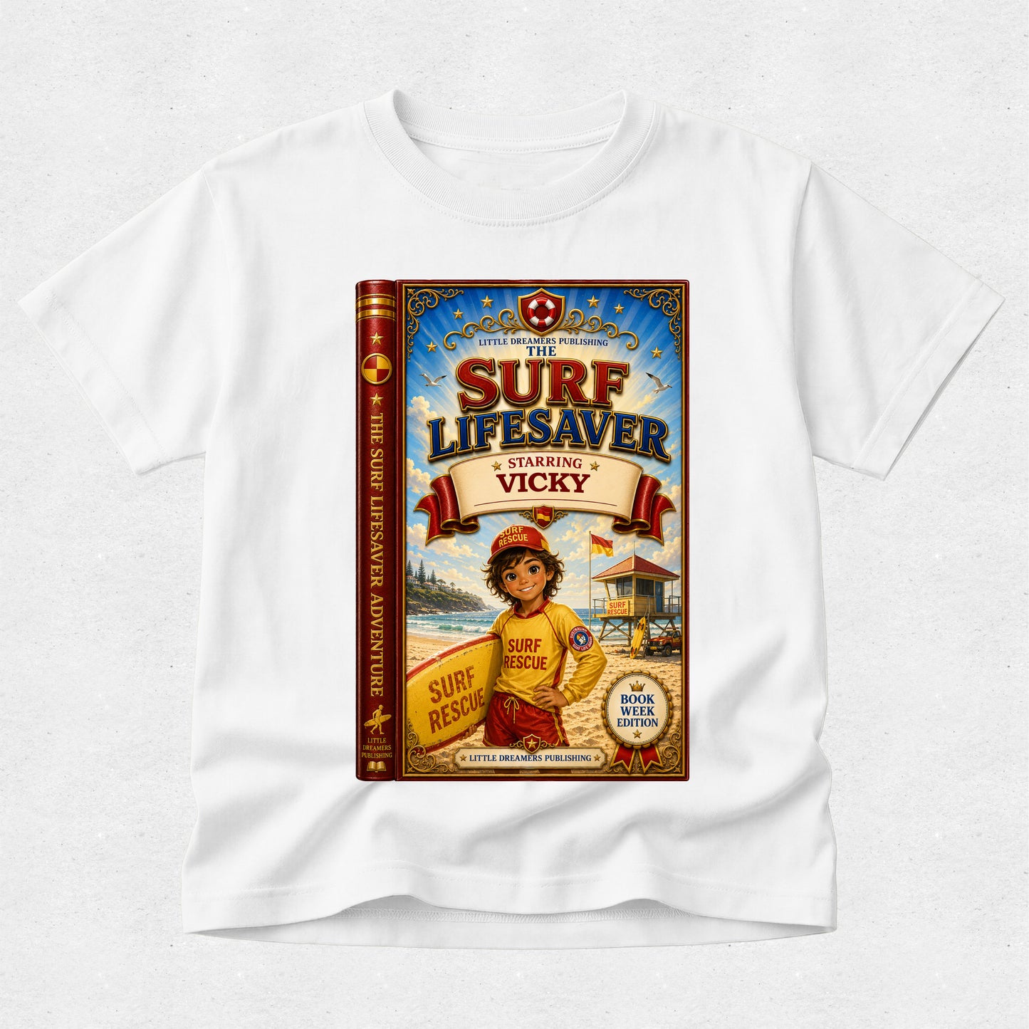 A white short-sleeve crewneck t-shirt featuring a large graphic print of the book cover for 'The Surf Lifesaver' on the front, displayed against a light gray textured background.