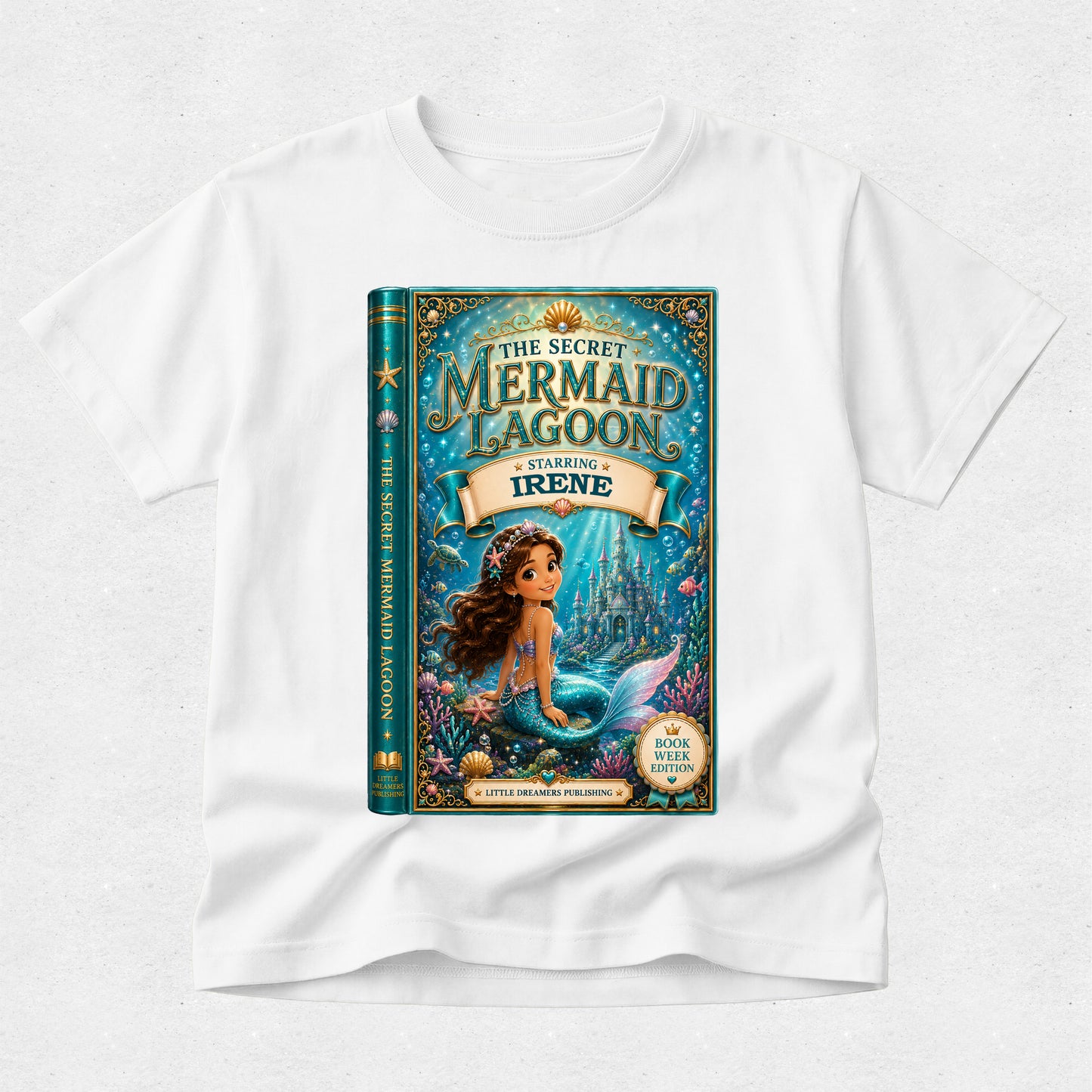 A white short-sleeve crewneck t-shirt featuring a large graphic print of the children's book 'The Secret Mermaid Lagoon: Featuring Irene' on the front, displayed against a light gray textured background.