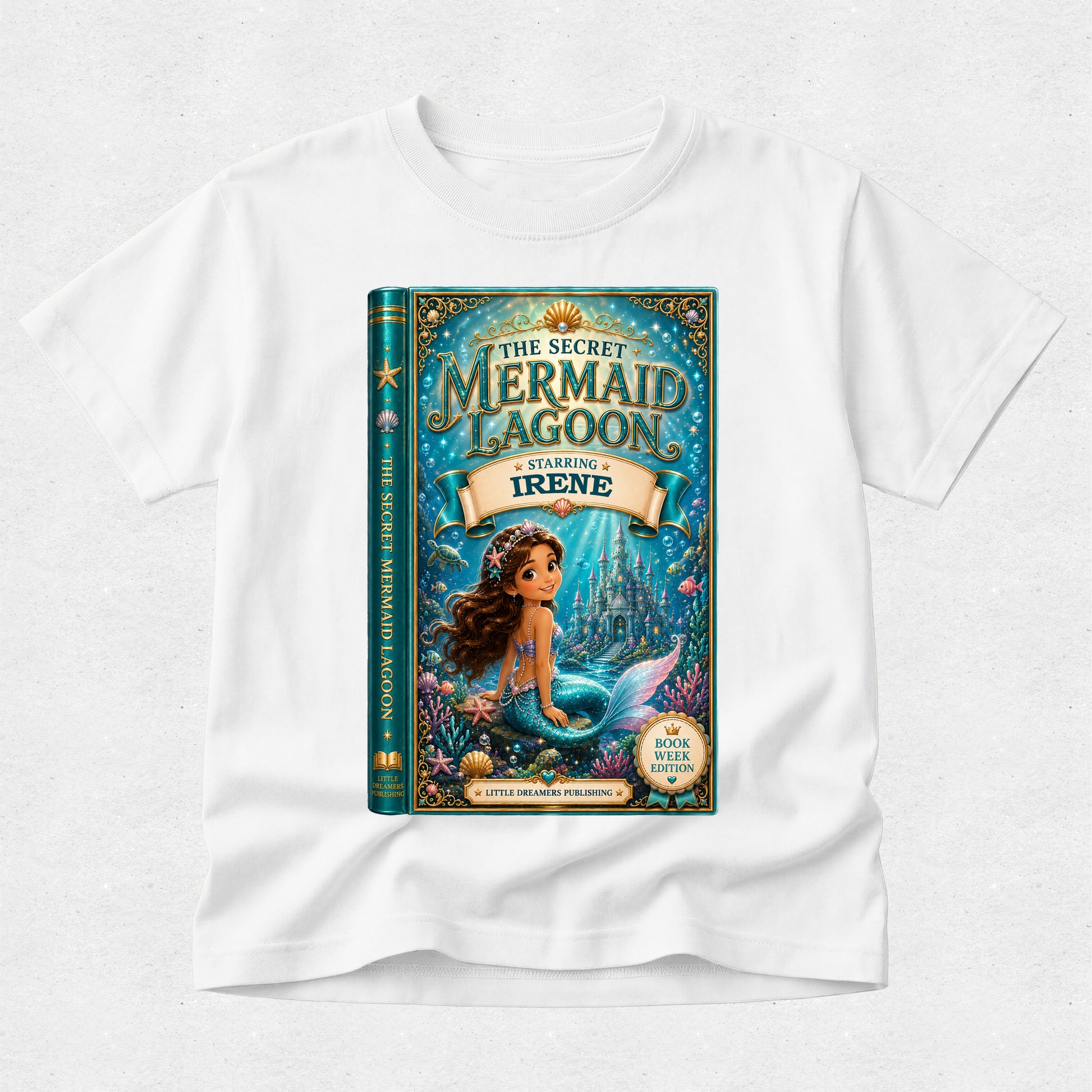 A white short-sleeve crewneck t-shirt featuring a large graphic print of the children's book 'The Secret Mermaid Lagoon: Featuring Irene' on the front, displayed against a light gray textured background.