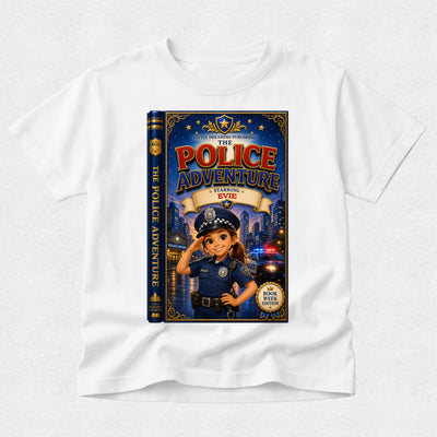 A white kids' t-shirt with a large graphic print of a children's book titled 'The Police Adventure: Station 500'. The graphic shows a cartoon girl in a police uniform saluting in front of a police station and car lights.