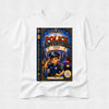 A white kids' short-sleeve t-shirt with a large graphic print of a children's book cover titled 'The Police Adventure: Meet Adam' on the front, displayed against a light gray textured background.