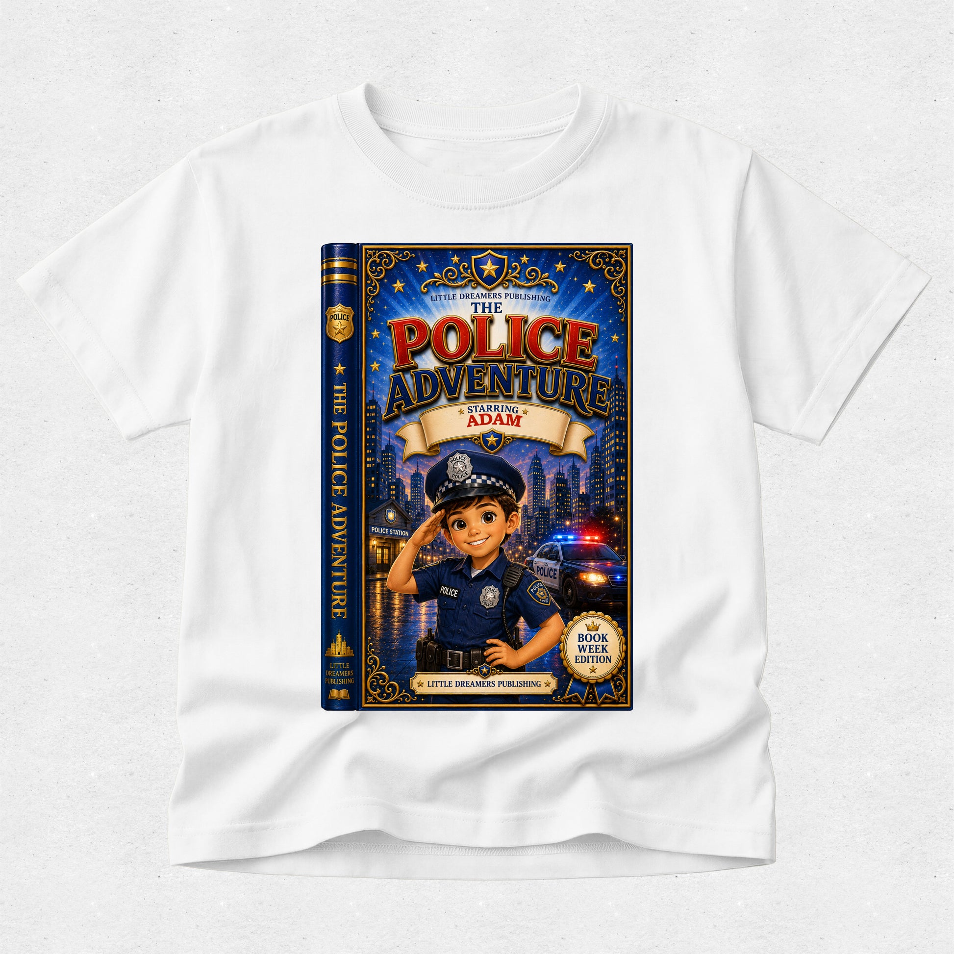 A white kids' short-sleeve t-shirt with a large graphic print of a children's book cover titled 'The Police Adventure: Meet Adam' on the front, displayed against a light gray textured background.