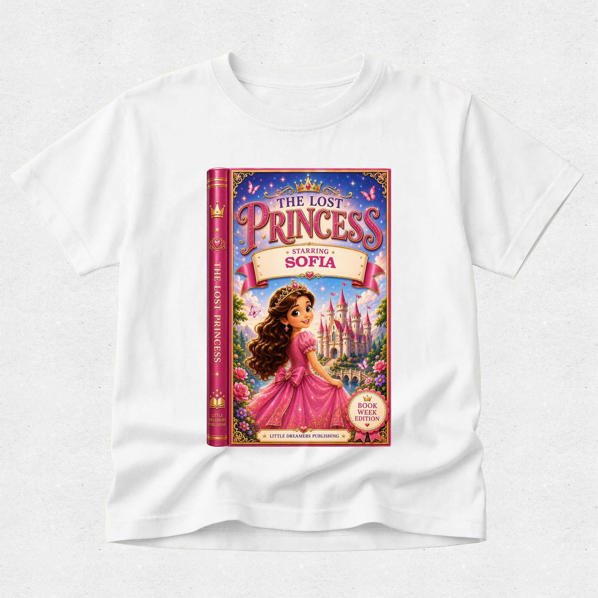 A white short-sleeve crewneck t-shirt featuring a colorful graphic print of a children's book titled 'The Lost Princess: Finding Sofia' on the front, displayed against a light gray textured background.