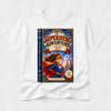 A white kids' t-shirt featuring a large graphic print of a book cover titled 'The Superhero Adventure' with a superhero character in a blue and red costume, displayed on a light gray textured background.