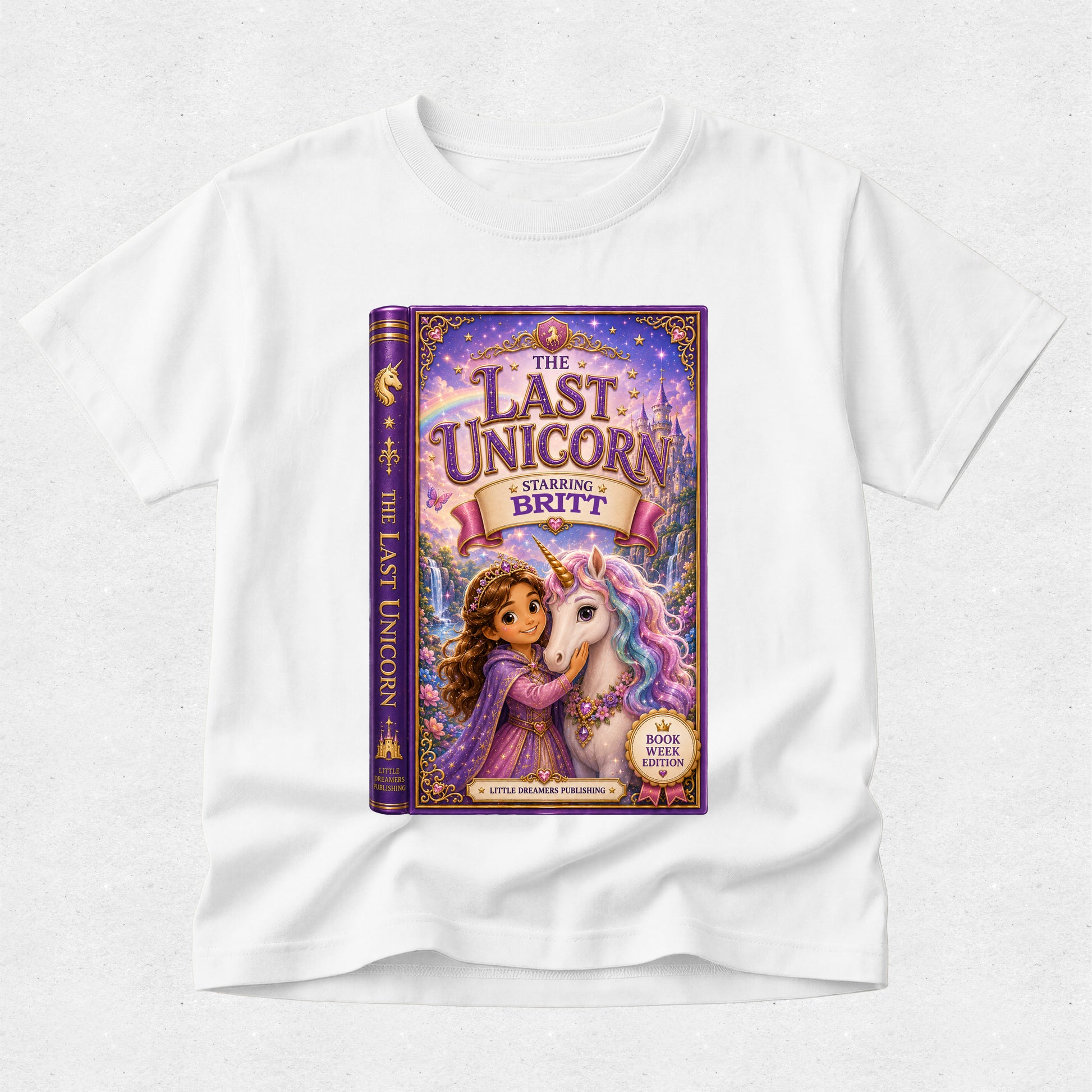 A white short-sleeve crewneck t-shirt featuring a large, colorful graphic print of the book 'The Last Unicorn: Starring Britt' on the front, displayed against a light gray textured background.